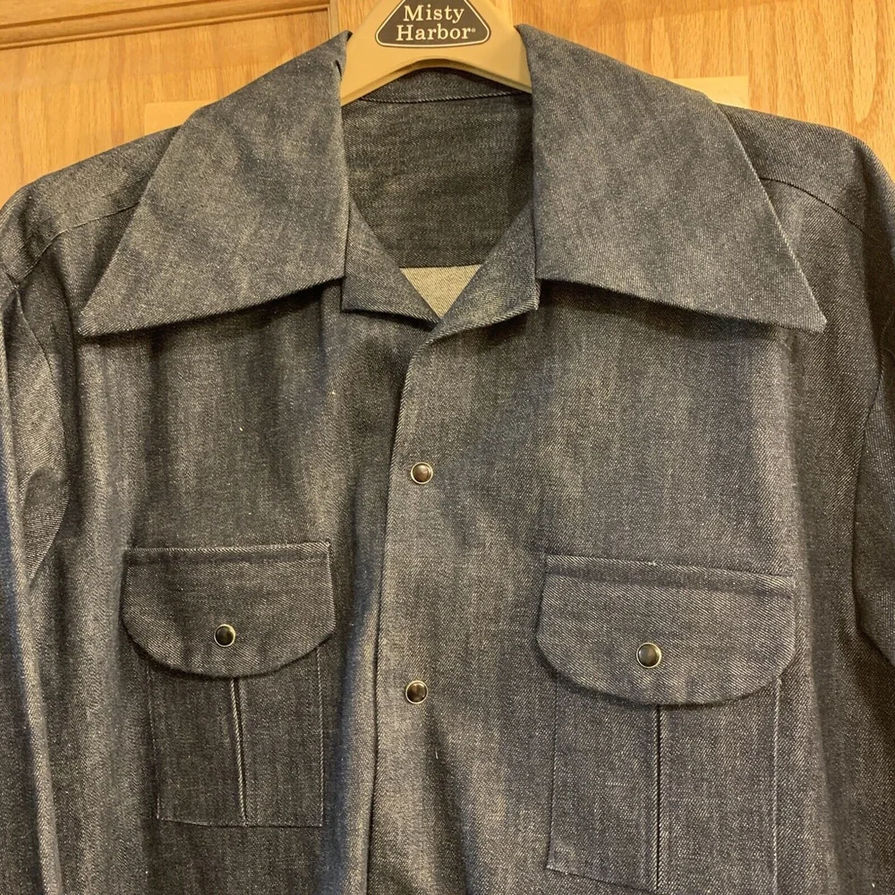 Vintage 70s Blue Denim Pearl Snap 2 PC Suit Set Sz L 1970s Jacket Pants Outfit